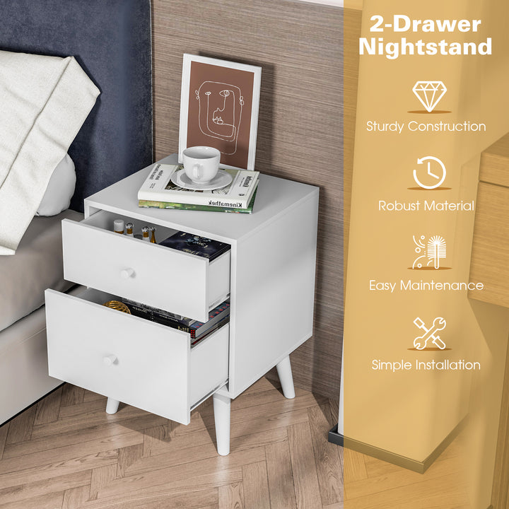 2 Drawer Nightstand with Solid Rubber Wood Legs and Large Storage Space - TidySpaces