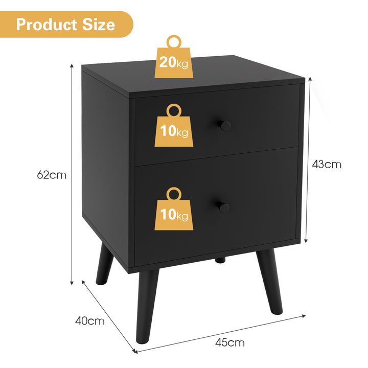 2 Drawer Nightstand with Solid Rubber Wood Legs and Large Storage Space - TidySpaces