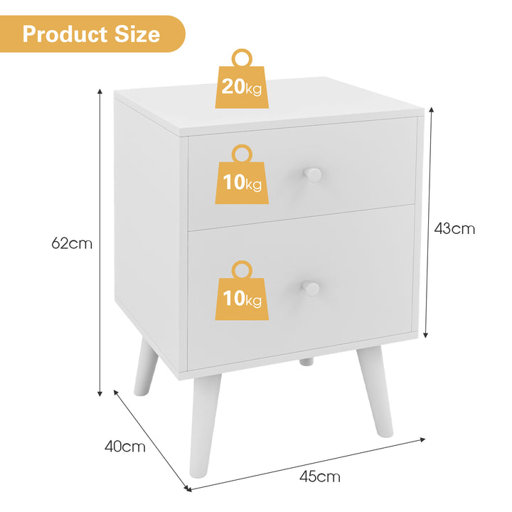 2 Drawer Nightstand with Solid Rubber Wood Legs and Large Storage Space - TidySpaces