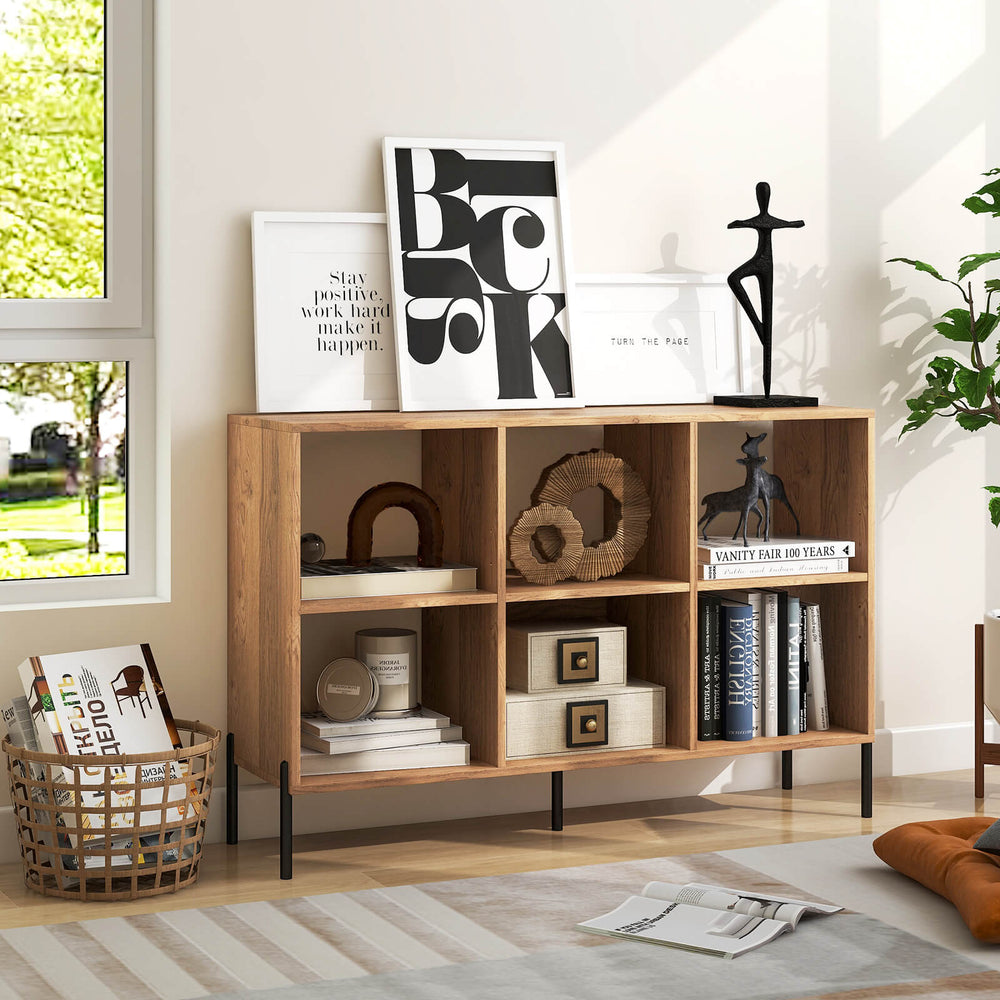 Open-Back Wood Bookshelf Storage Rack with 6 Compartments-Natural - TidySpaces
