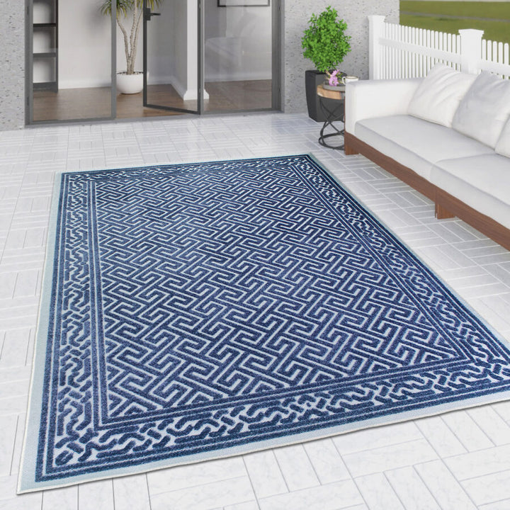 Outdoor Rug Navy Blue and Light Blue Greek Key