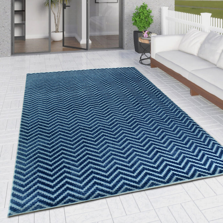 Outdoor Rug Navy Blue with Light Blue Zig Zag Chevron - TidySpaces