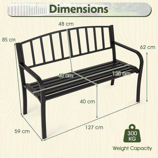 Black Outdoor Bench 127cm Garden Bench with Slatted Backrest