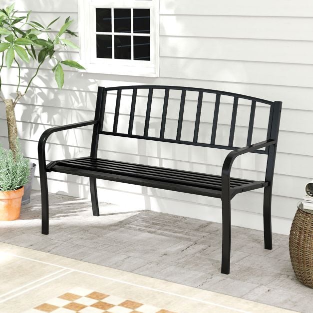 Black Outdoor Bench 127cm Garden Bench with Slatted Backrest