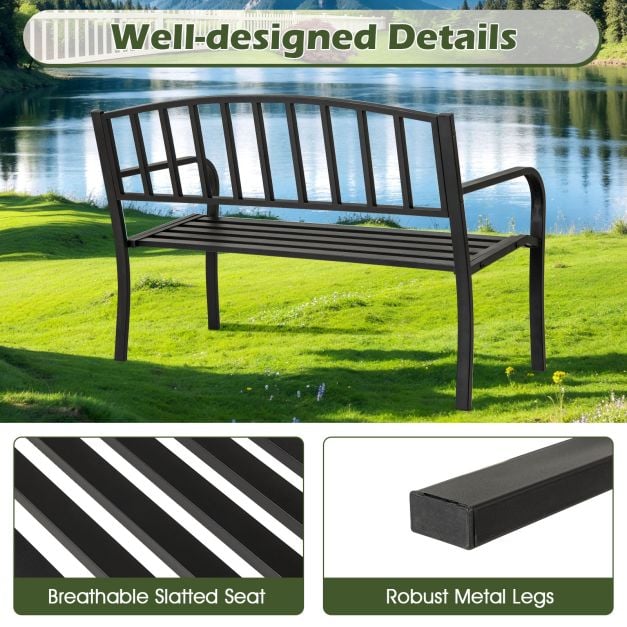 Black Outdoor Bench 127cm Garden Bench with Slatted Backrest