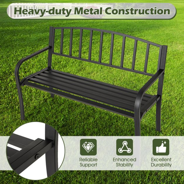 Black Outdoor Bench 127cm Garden Bench with Slatted Backrest