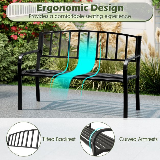 Black Outdoor Bench 127cm Garden Bench with Slatted Backrest