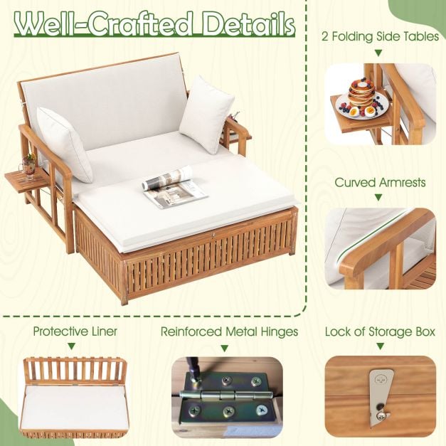 Outdoor Daybed Acacia Wood Loveseat with Storage Ottoman and Cushions White