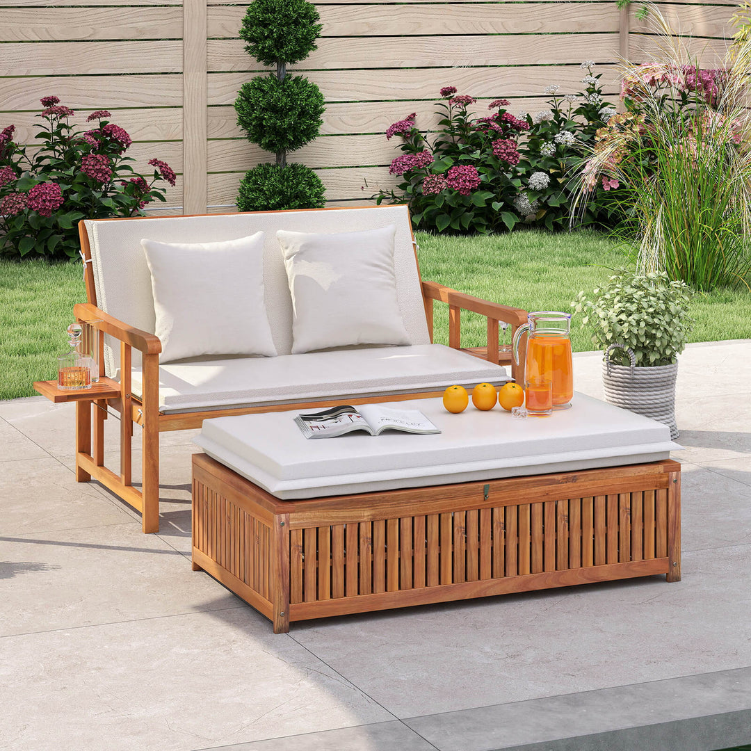 Outdoor Daybed Acacia Wood Loveseat with Storage Ottoman and Cushions White