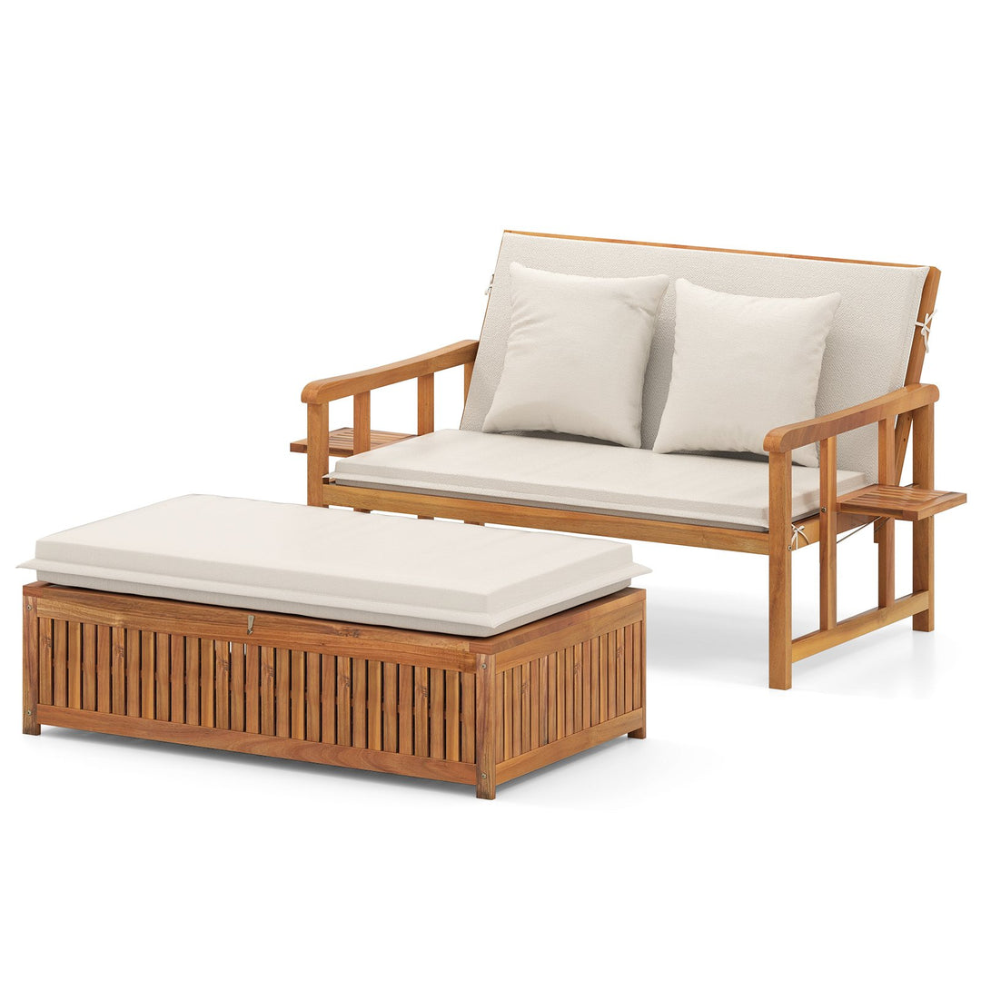 Outdoor Daybed Acacia Wood Loveseat with Storage Ottoman and Cushions White