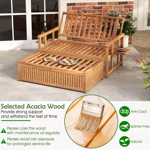 Outdoor Daybed Acacia Wood Loveseat with Storage Ottoman and Cushions White
