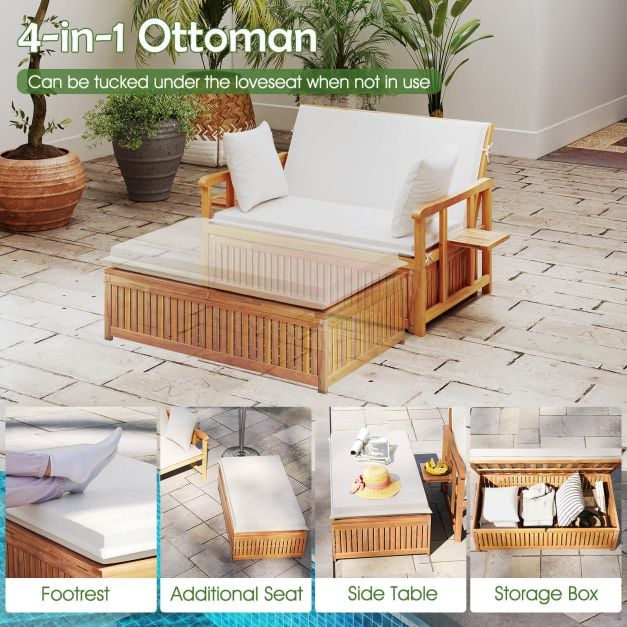 Outdoor Daybed Acacia Wood Loveseat with Storage Ottoman and Cushions White