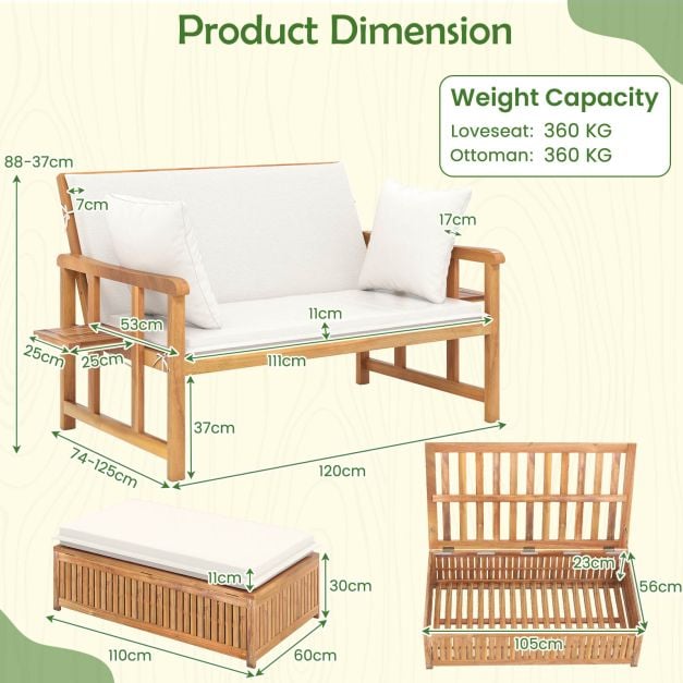 Outdoor Daybed Acacia Wood Loveseat with Storage Ottoman and Cushions White