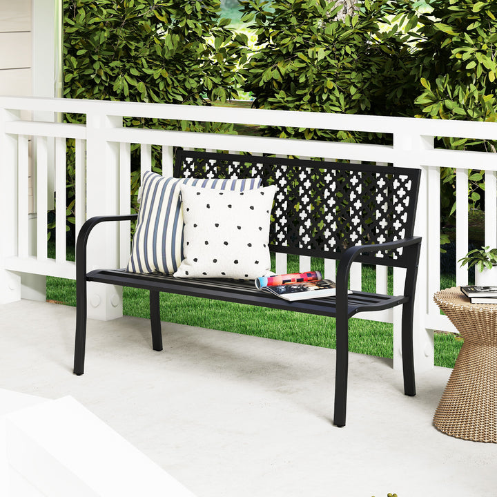 2-Person Metal Garden Bench with Slatted Seat and Backrest