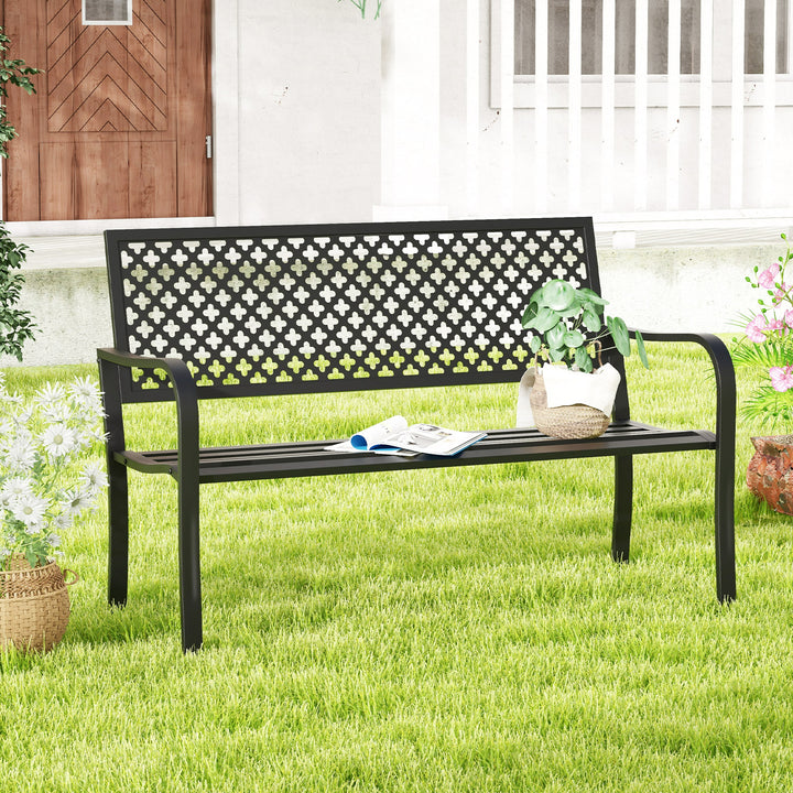 2-Person Metal Garden Bench with Slatted Seat and Backrest