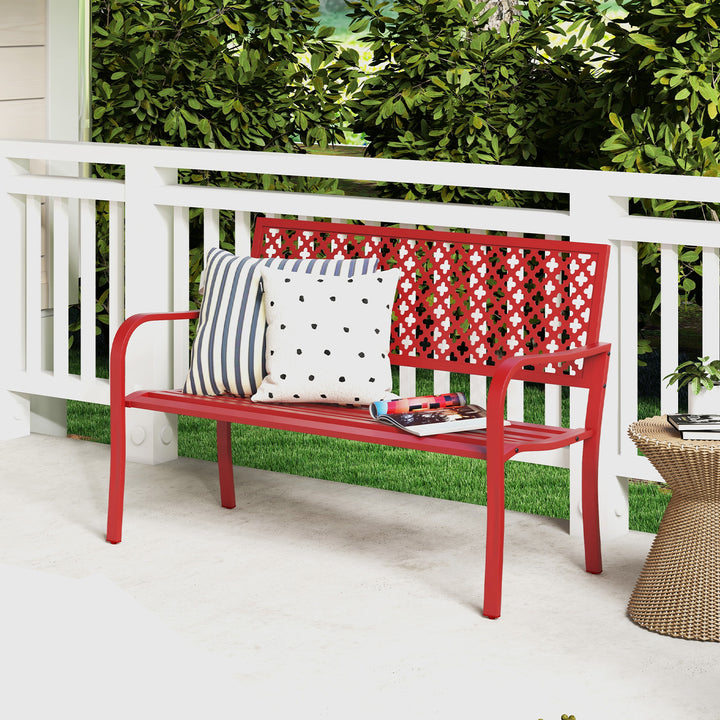 2-Person Metal Garden Bench with Slatted Seat and Backrest