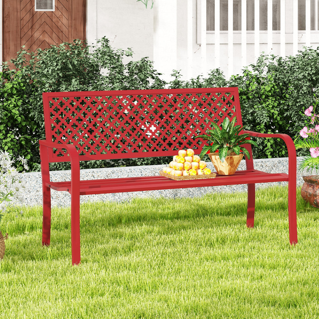 2-Person Metal Garden Bench with Slatted Seat and Backrest