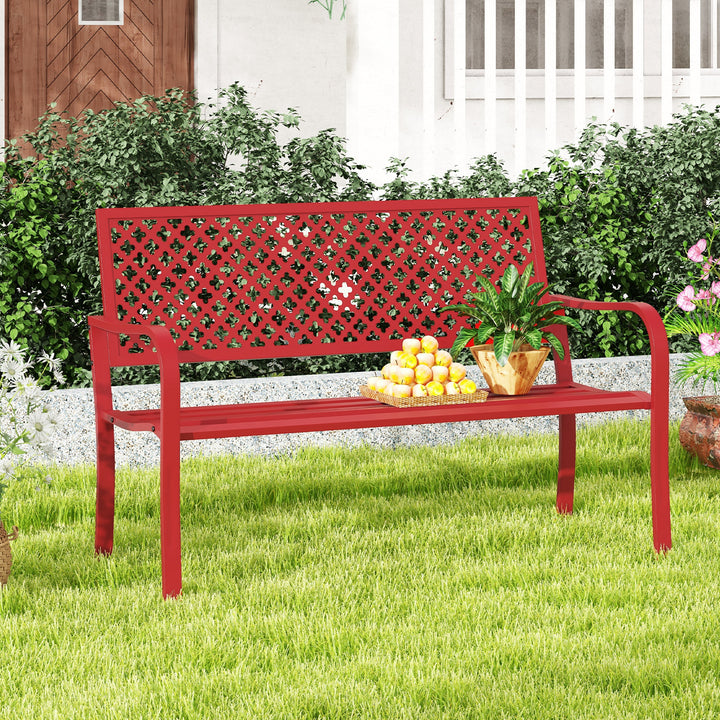 2-Person Metal Garden Bench with Slatted Seat and Backrest