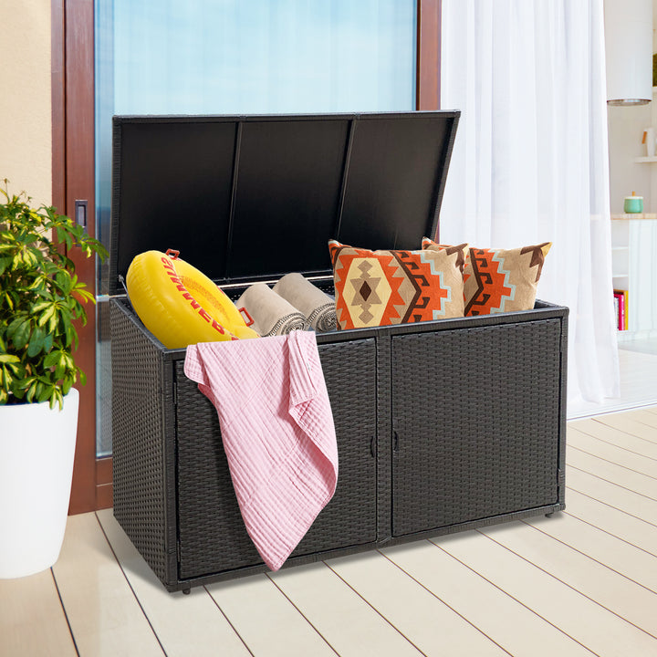 330L 2 Tier Outdoor PE Wicker Storage Box with Lid and Front Doors - TidySpaces