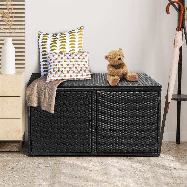 330L 2 Tier Outdoor PE Wicker Storage Box with Lid and Front Doors - TidySpaces