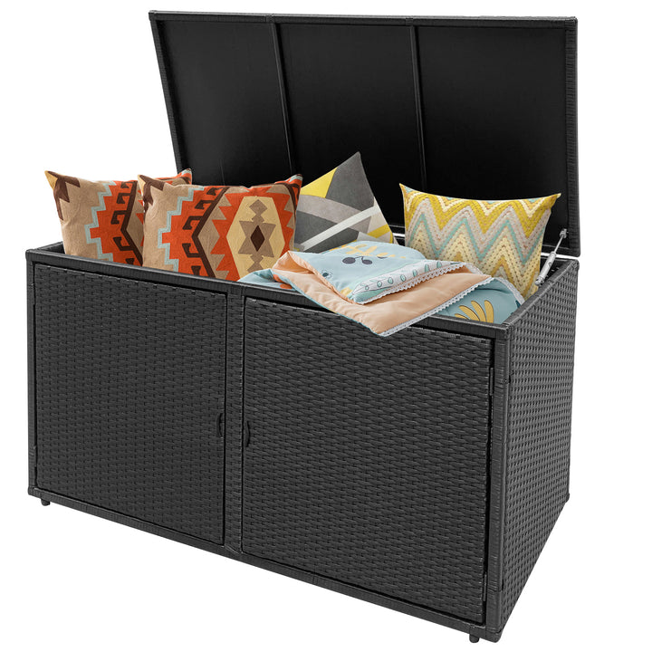 330L 2 Tier Outdoor PE Wicker Storage Box with Lid and Front Doors Black - TidySpaces