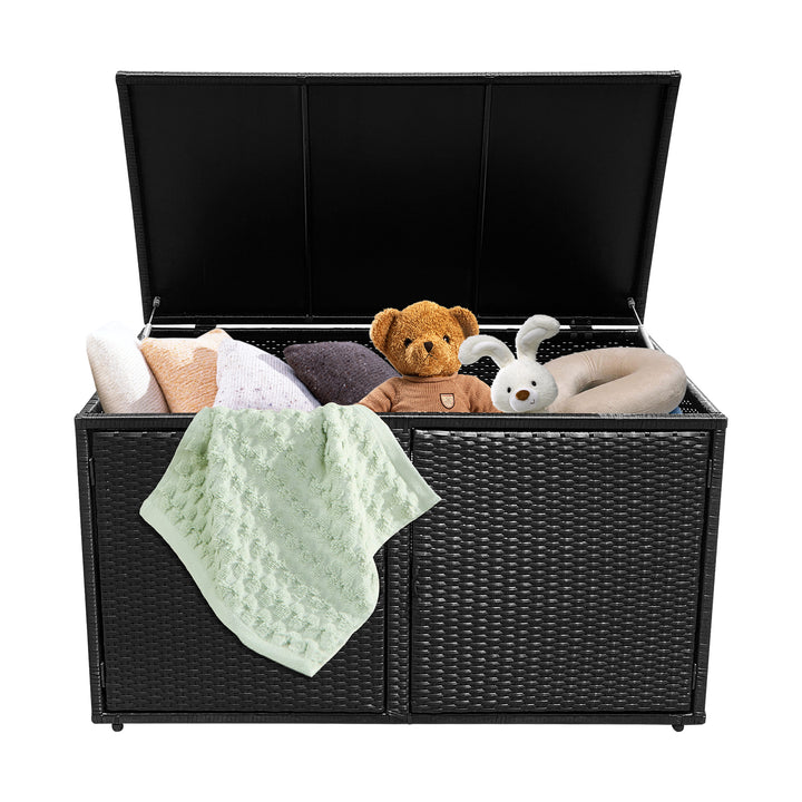 330L 2 Tier Outdoor PE Wicker Storage Box with Lid and Front Doors - TidySpaces