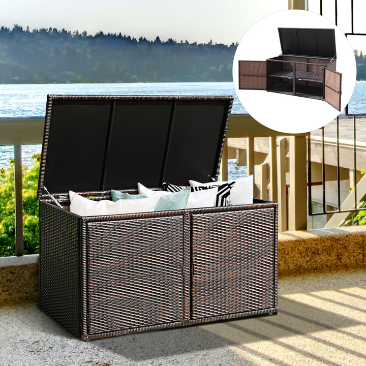 330L 2 Tier Outdoor PE Wicker Storage Box with Lid and Front Doors - TidySpaces
