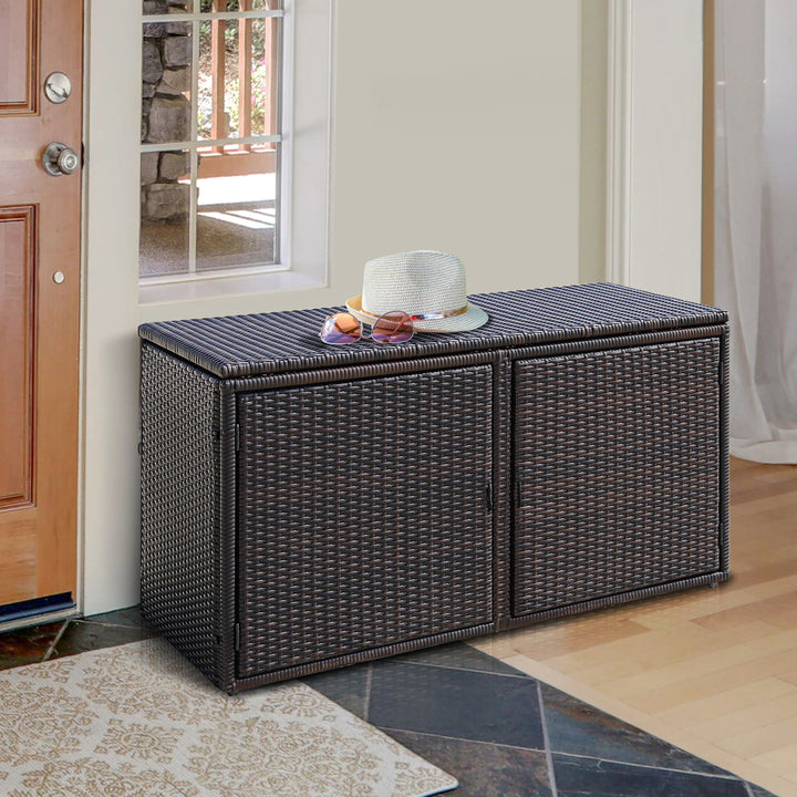 330L 2 Tier Outdoor PE Wicker Storage Box with Lid and Front Doors - TidySpaces