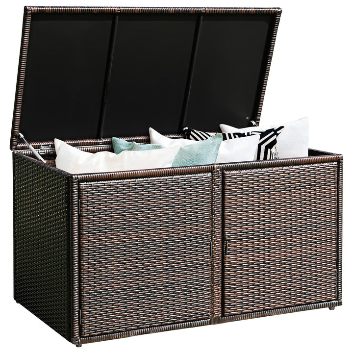 330L 2 Tier Outdoor PE Wicker Storage Box with Lid and Front Doors Brown - TidySpaces