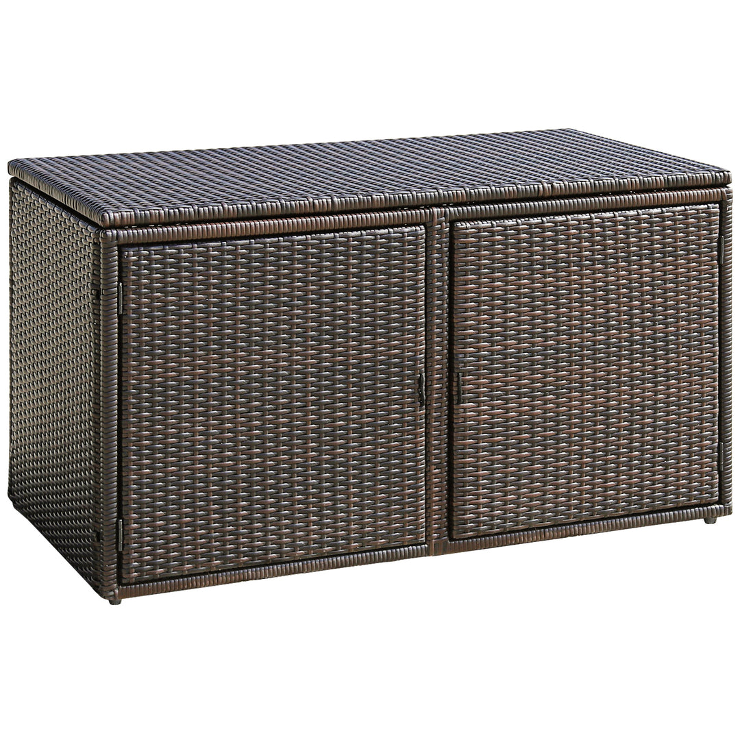 330L 2 Tier Outdoor PE Wicker Storage Box with Lid and Front Doors - TidySpaces