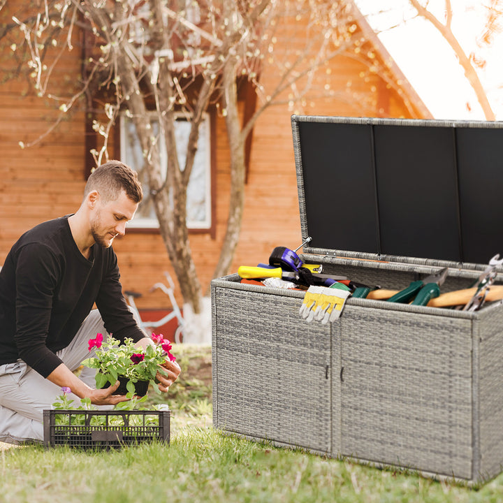 330L 2 Tier Outdoor PE Wicker Storage Box with Lid and Front Doors - TidySpaces