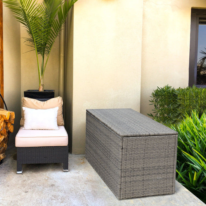 330L 2 Tier Outdoor PE Wicker Storage Box with Lid and Front Doors - TidySpaces