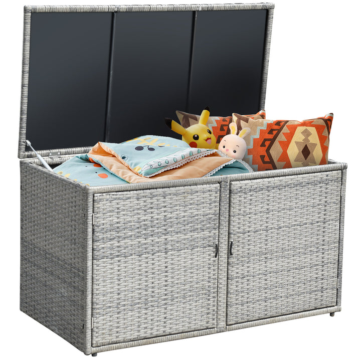330L 2 Tier Outdoor PE Wicker Storage Box with Lid and Front Doors Grey - TidySpaces