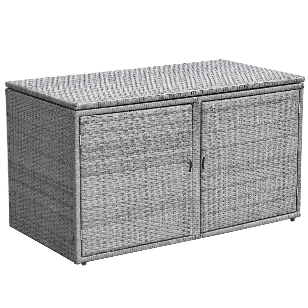330L 2 Tier Outdoor PE Wicker Storage Box with Lid and Front Doors - TidySpaces