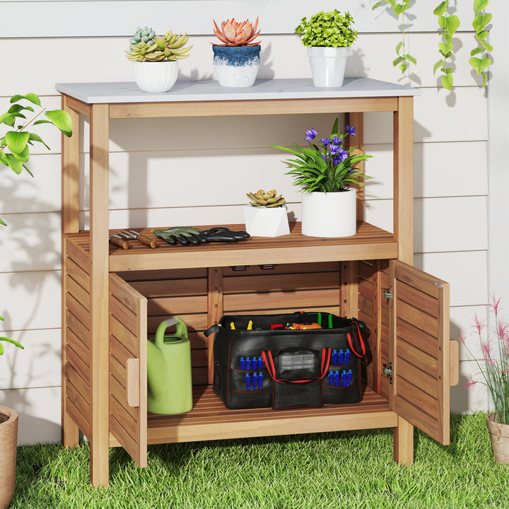 Outdoor Potting Bench with Resin Table-top and Storage Shelf