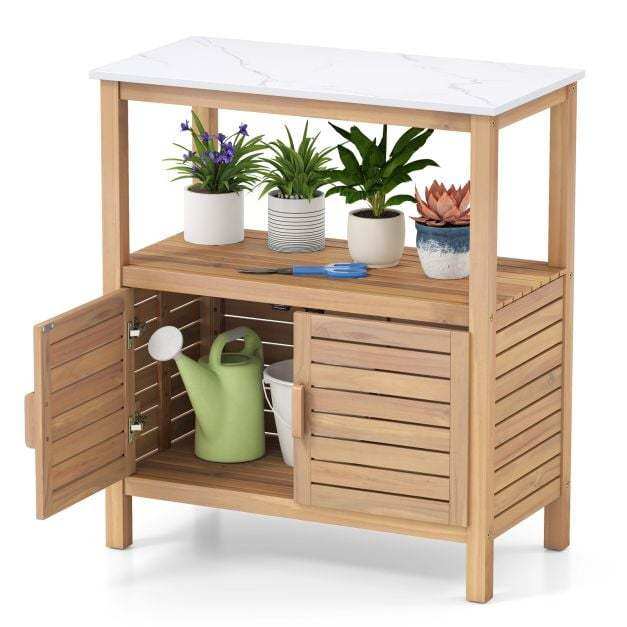 Outdoor Potting Bench with Resin Table-top and Storage Shelf