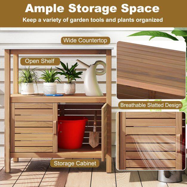 Outdoor Potting Bench with Resin Table-top and Storage Shelf