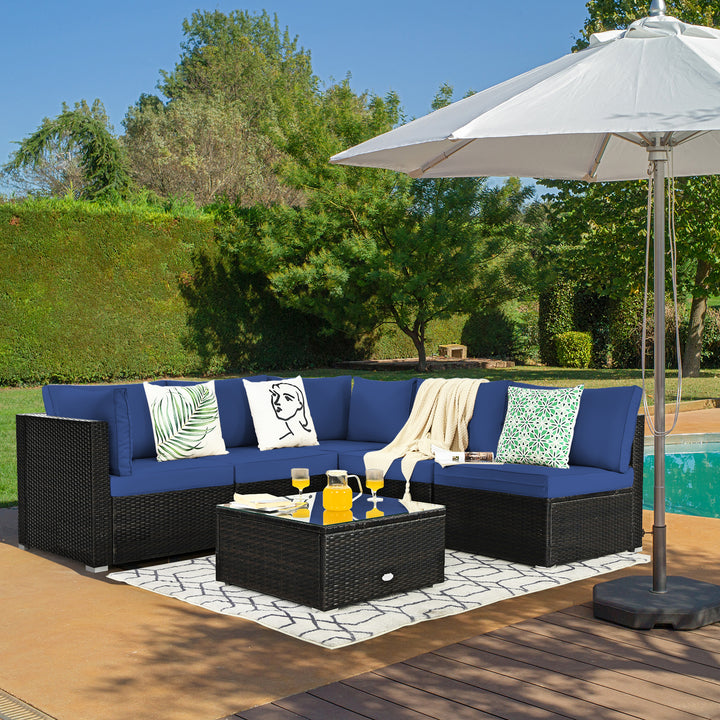 6 Piece Outdoor Rattan Sofa Set with Soft Seat and Back Cushions