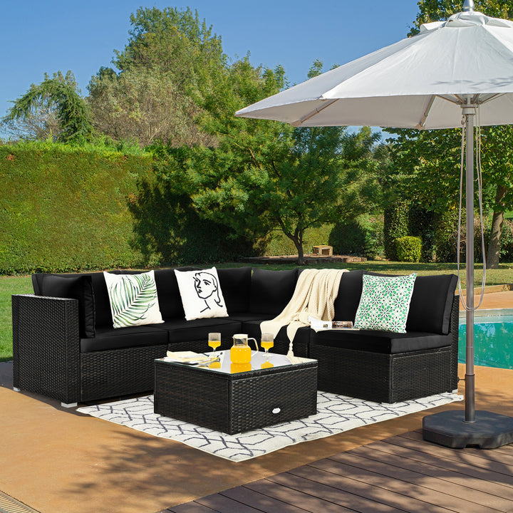 6 Piece Outdoor Rattan Sofa Set with Soft Seat and Back Cushions