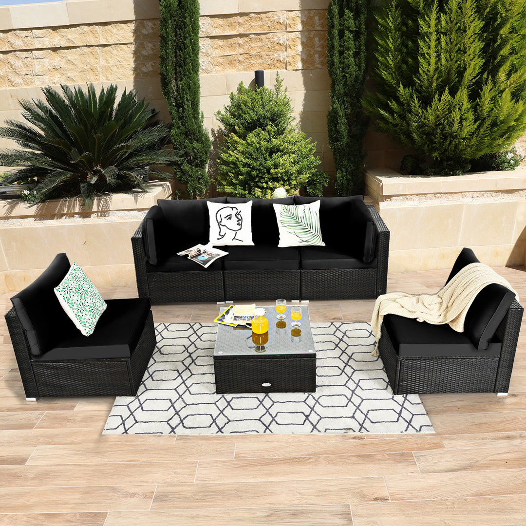 6 Piece Outdoor Rattan Sofa Set with Soft Seat and Back Cushions