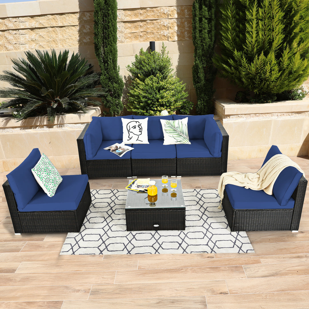 6 Piece Outdoor Rattan Sofa Set with Soft Seat and Back Cushions