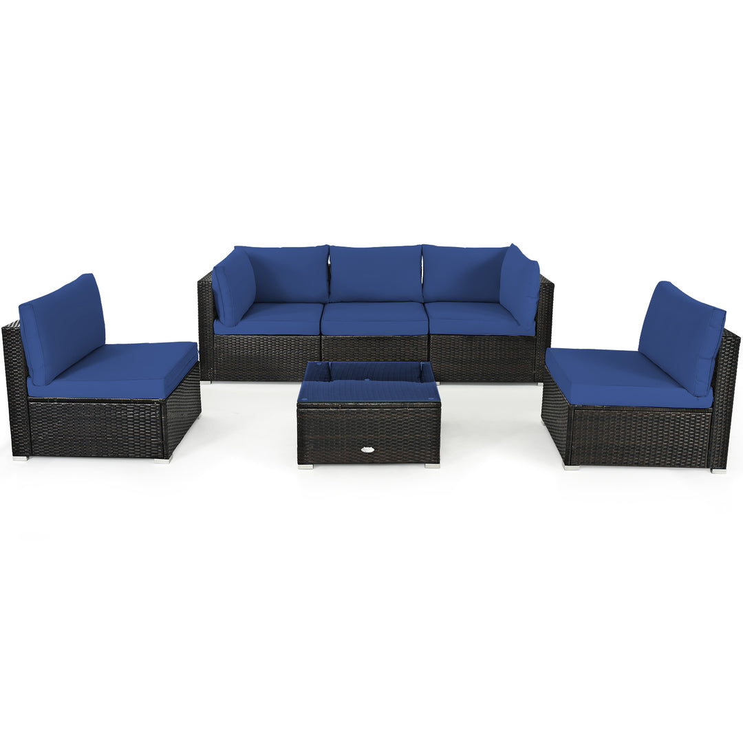 6 Piece Outdoor Rattan Sofa Set with Soft Seat and Back Cushions