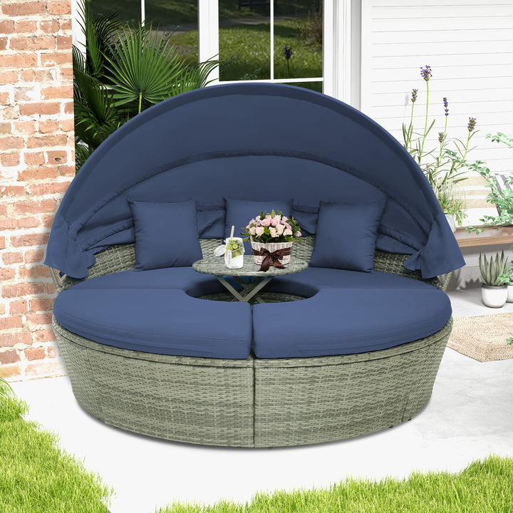 Outdoor Round Daybed with Retractable Canopy for Backyard, Poolside, Lawn-Navy