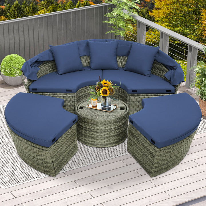 Outdoor Round Daybed with Retractable Canopy for Backyard, Poolside, Lawn-Navy