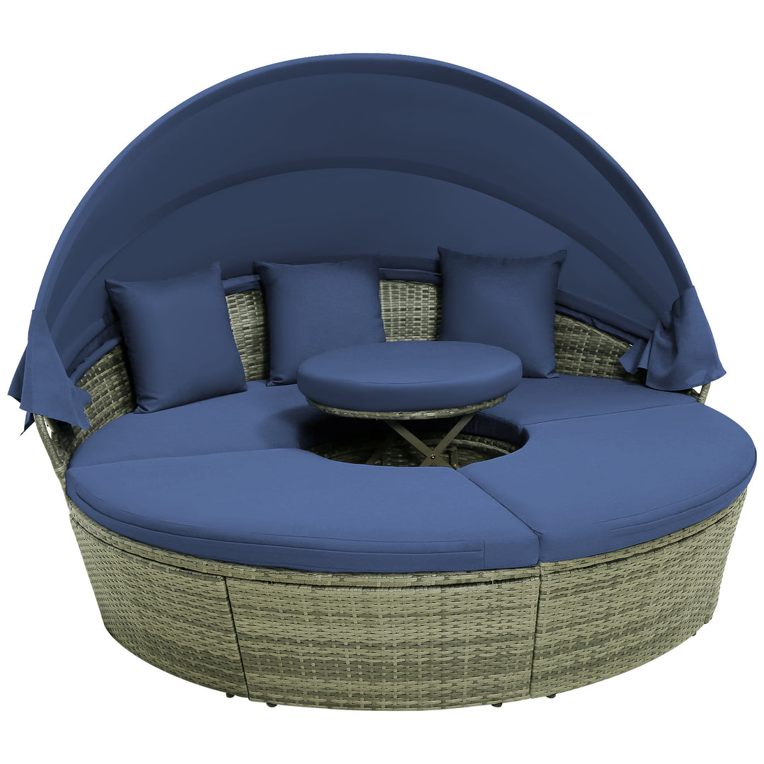 Outdoor Round Daybed with Retractable Canopy for Backyard, Poolside, Lawn-Navy