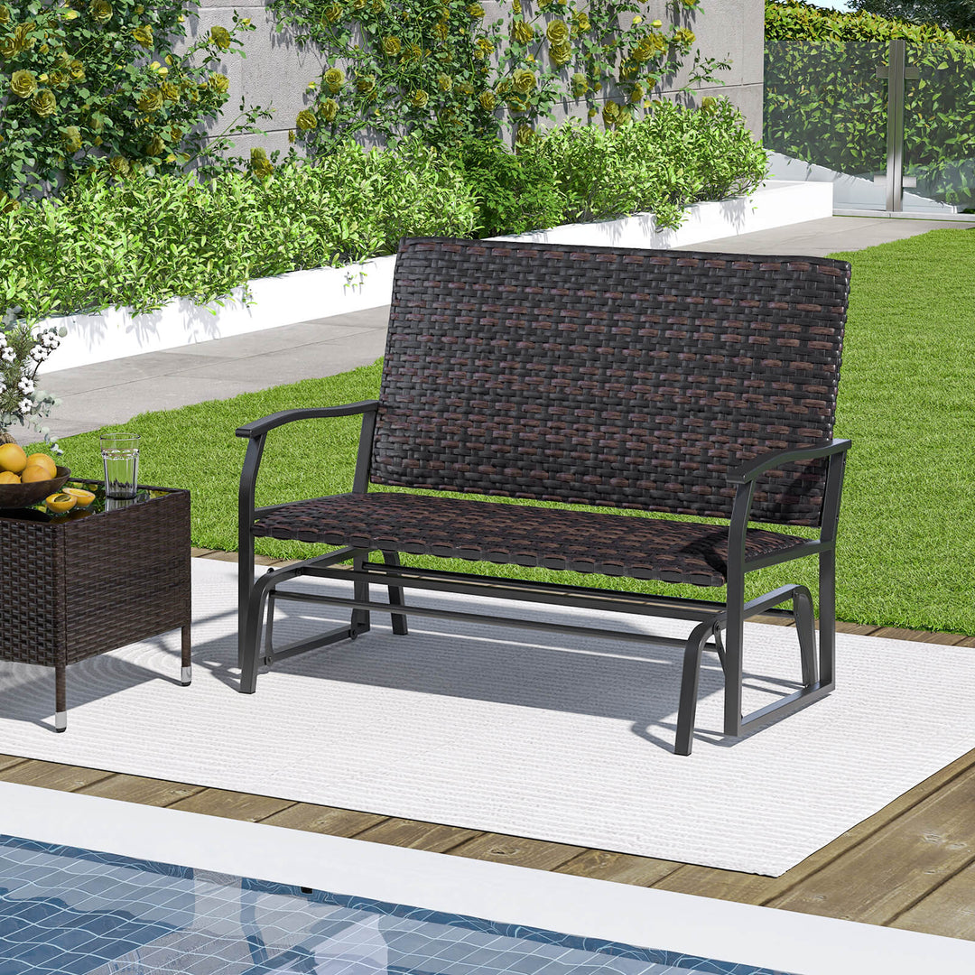 Outdoor Swing Glider Bench 2-Person Rattan Woven Glider Loveseat-Brown - TidySpaces