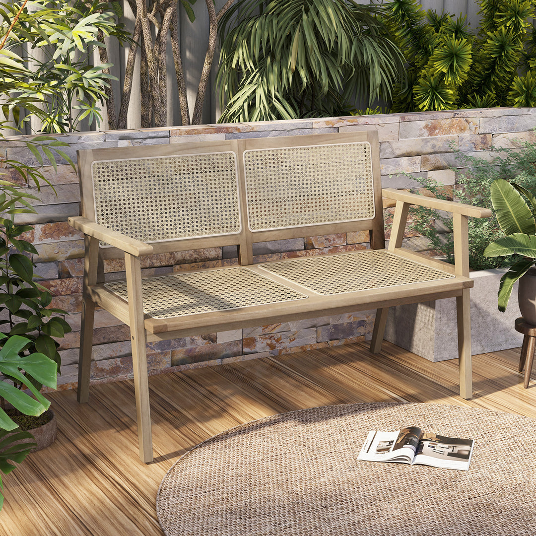 Outdoor Teak Wood Garden Bench with Armrests Rattan Backrest and Seat