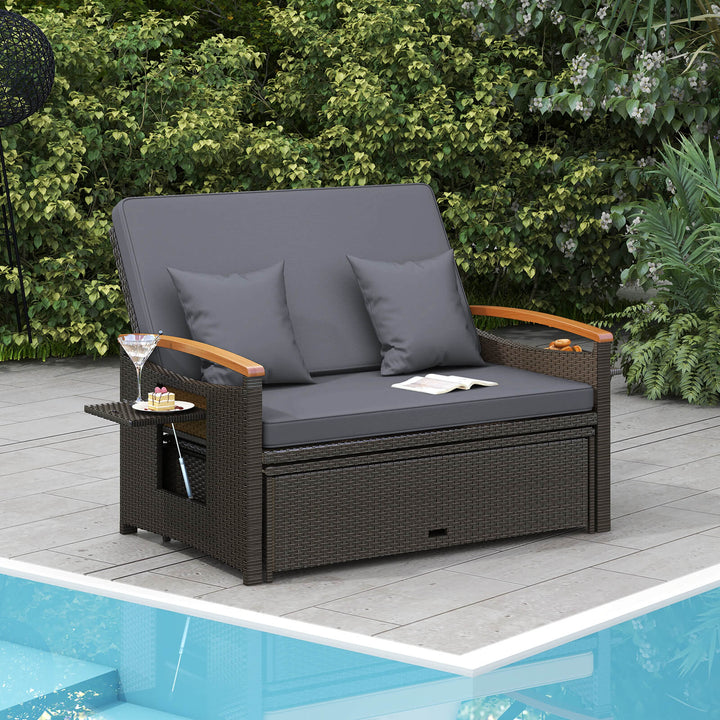 Outdoor Wicker Daybed Rattan Woven Loveseat with Storage Ottoman