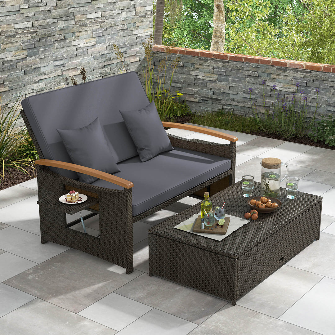 Outdoor Wicker Daybed Rattan Woven Loveseat with Storage Ottoman