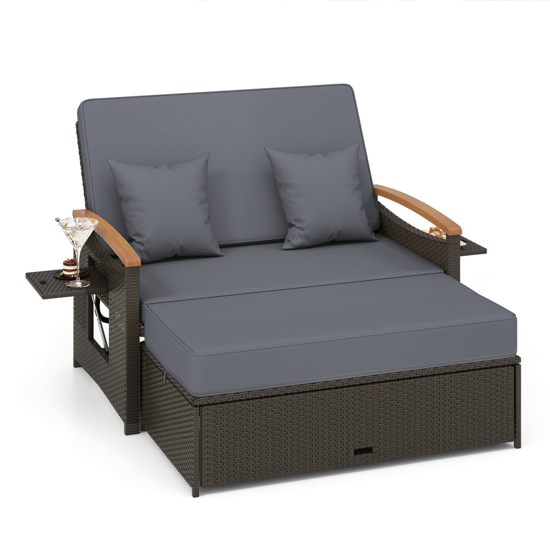 Outdoor Wicker Daybed Rattan Woven Loveseat with Storage Ottoman